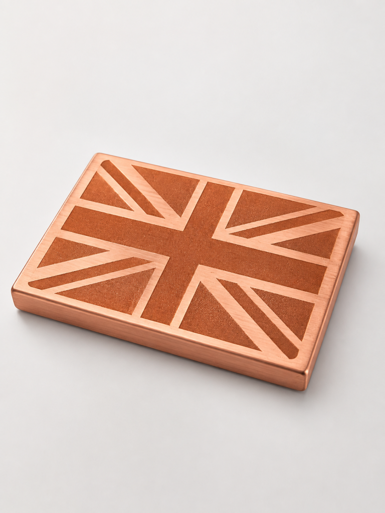 Union Jack engraved copper bar shown at an angle